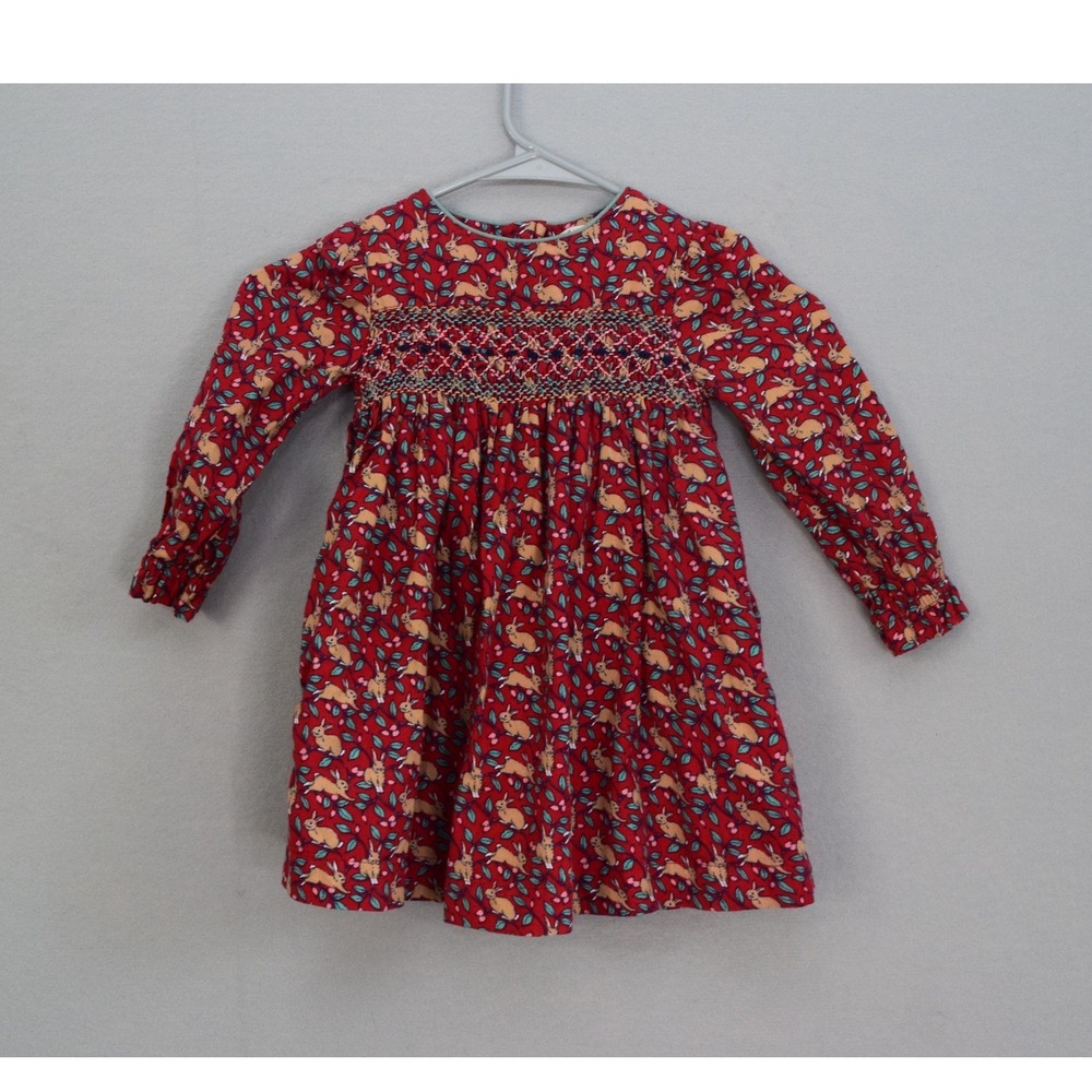 Mini Boden Smocked Dress 2-3Y Red Bunny Rabbit Long Sleeve Kids